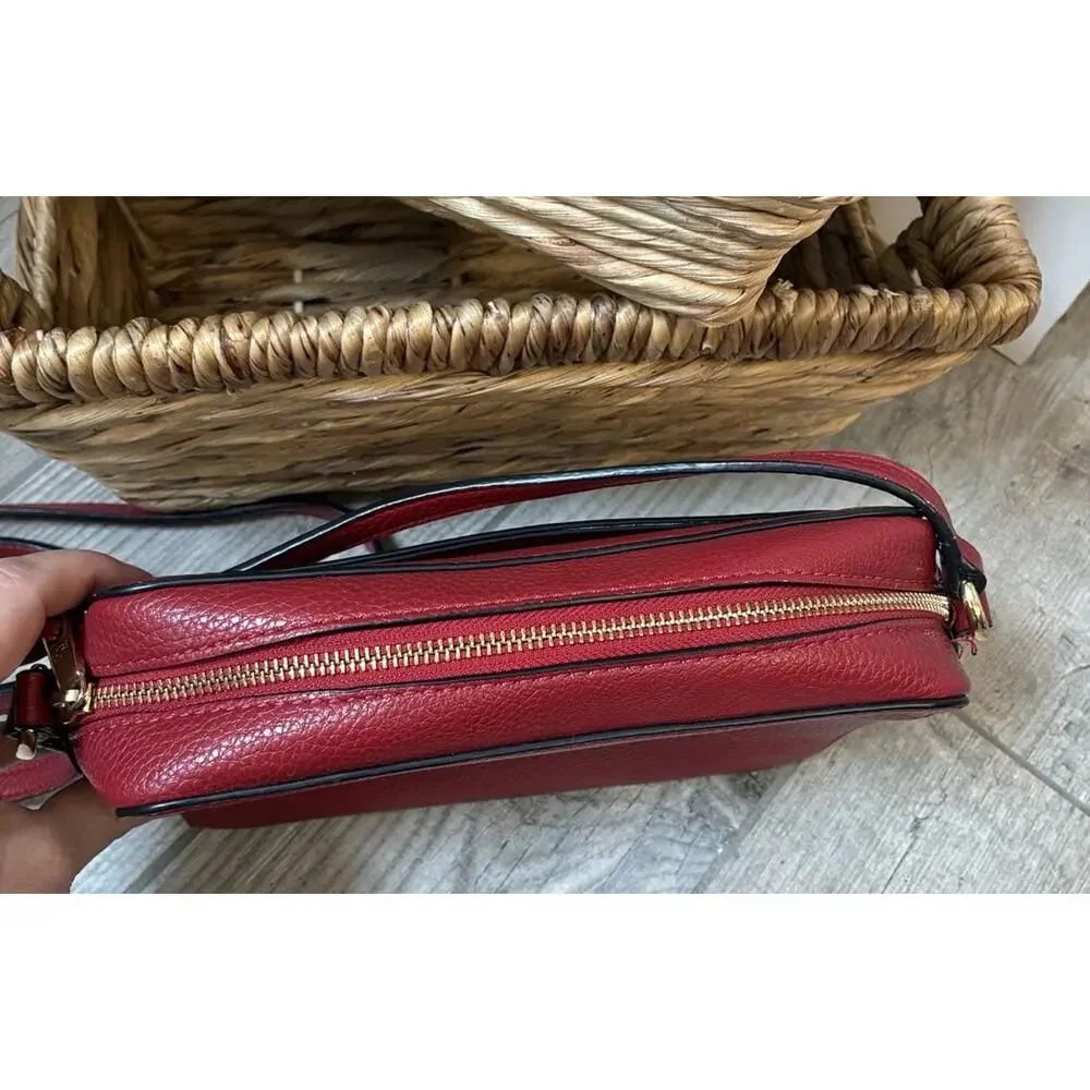 Lauren Ralph Lauren Red Pebbled Vegan Leather Camera Crossbody Purse Gold Logo
